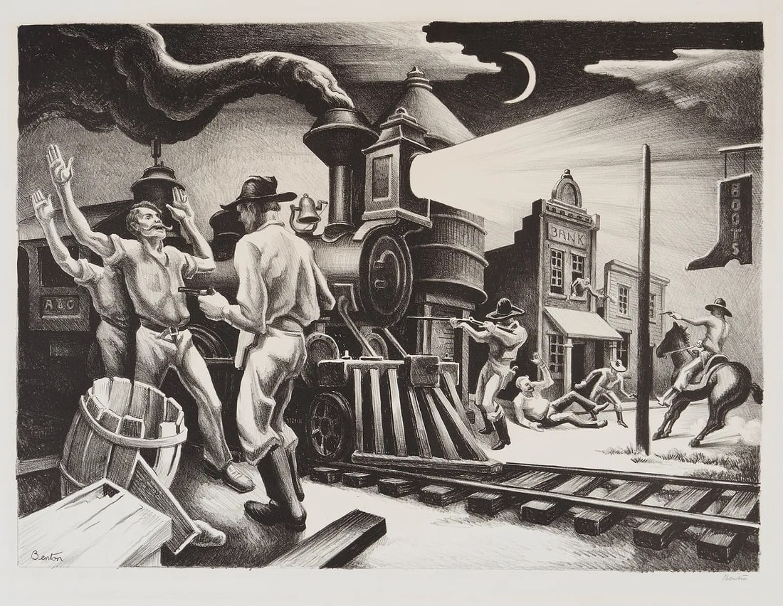 Thomas Hart Benton (American, 1889-1975) Jesse James, After: Print on heavy paper, Signed lower side in the plate. Measures: 19 x 23 1/2 inches, After Hart Benton