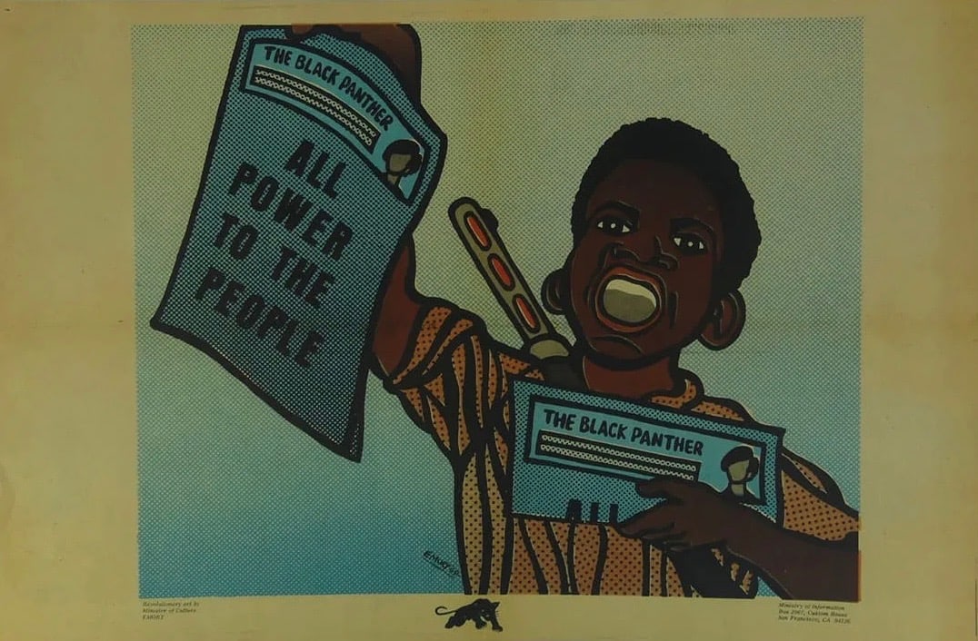 EMORY DOUGLAS 'ALL POWER TO THE PEOPLE" POSTER: Titled 'All Power to the People'. Mounted to cardstock. Measures 22 1/2" x 14 3/4". Staining, unknown print date, sold as is