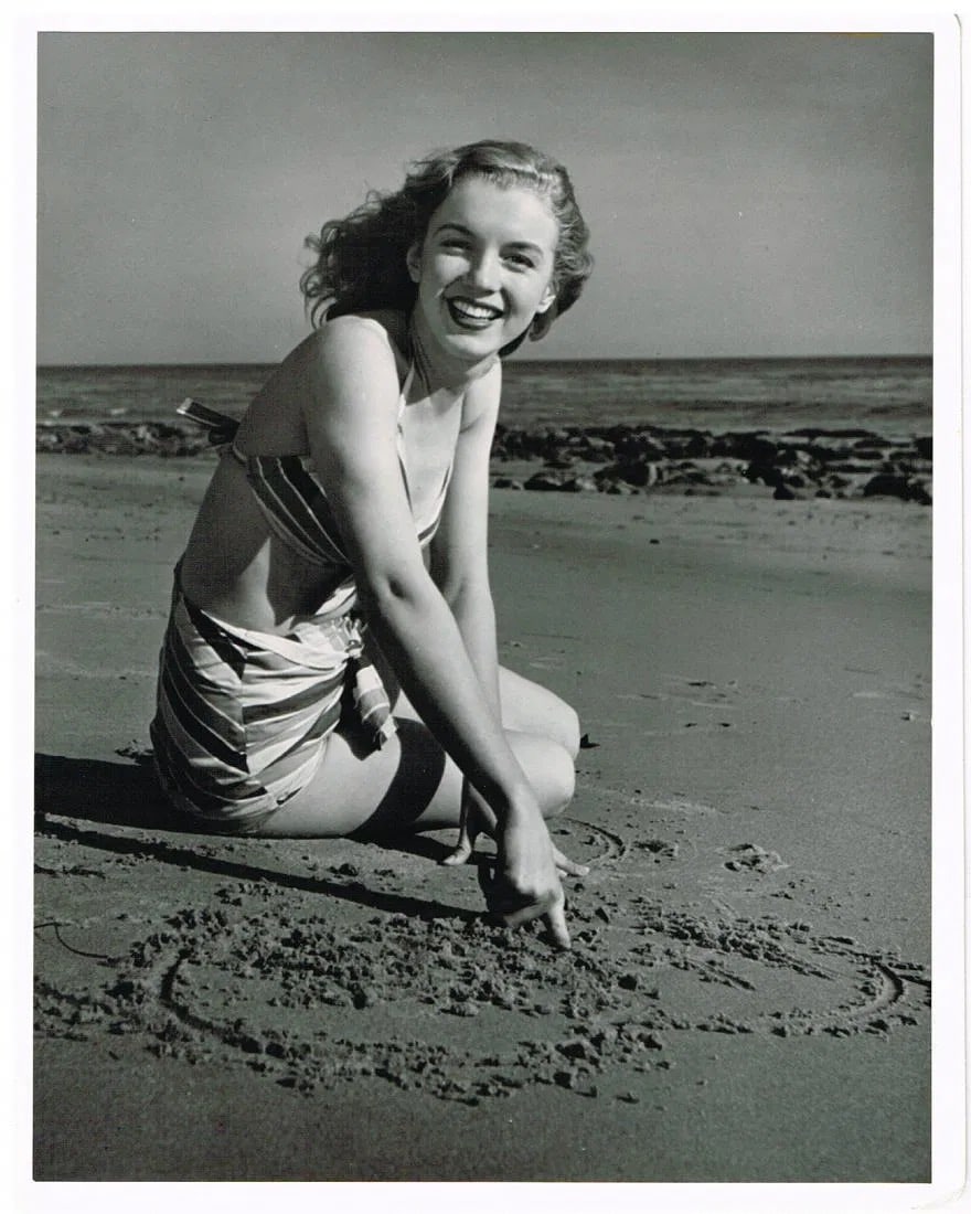 JOSEPH JASGUR: MARILYN MONROE TOBEY BEACH 1946.: Measures 10 x 8 inches, photo print on glossy paper, mounted to foam board