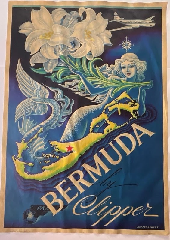 Bermuda Pan Am travel poster: Measures 40 3/4 x 28 3/4 inches, fair condition, sold as is, unknown print date or edition
