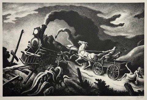 Thomas Hart Benton "Wreck of the Ol' '97": Measures approximately 17 x 13.5 inches , pencil signed lower right, print in color