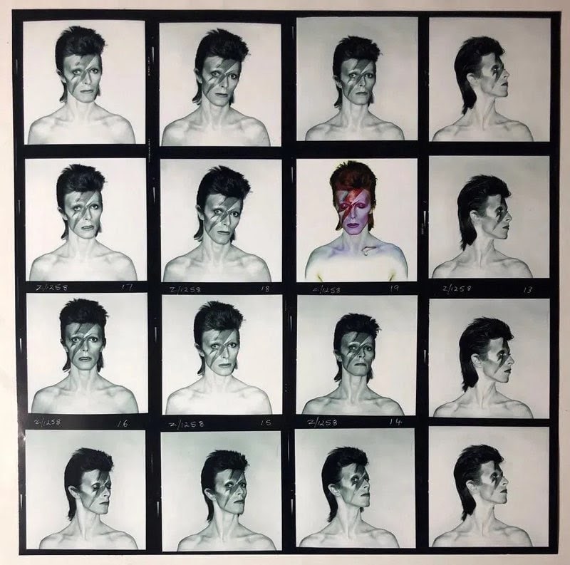 David Bowie Large Photo litho Contact Sheet): DAVID BOWIE ,Contact sheet ,Photolitho in black and white, printed later 21 x 21 inches