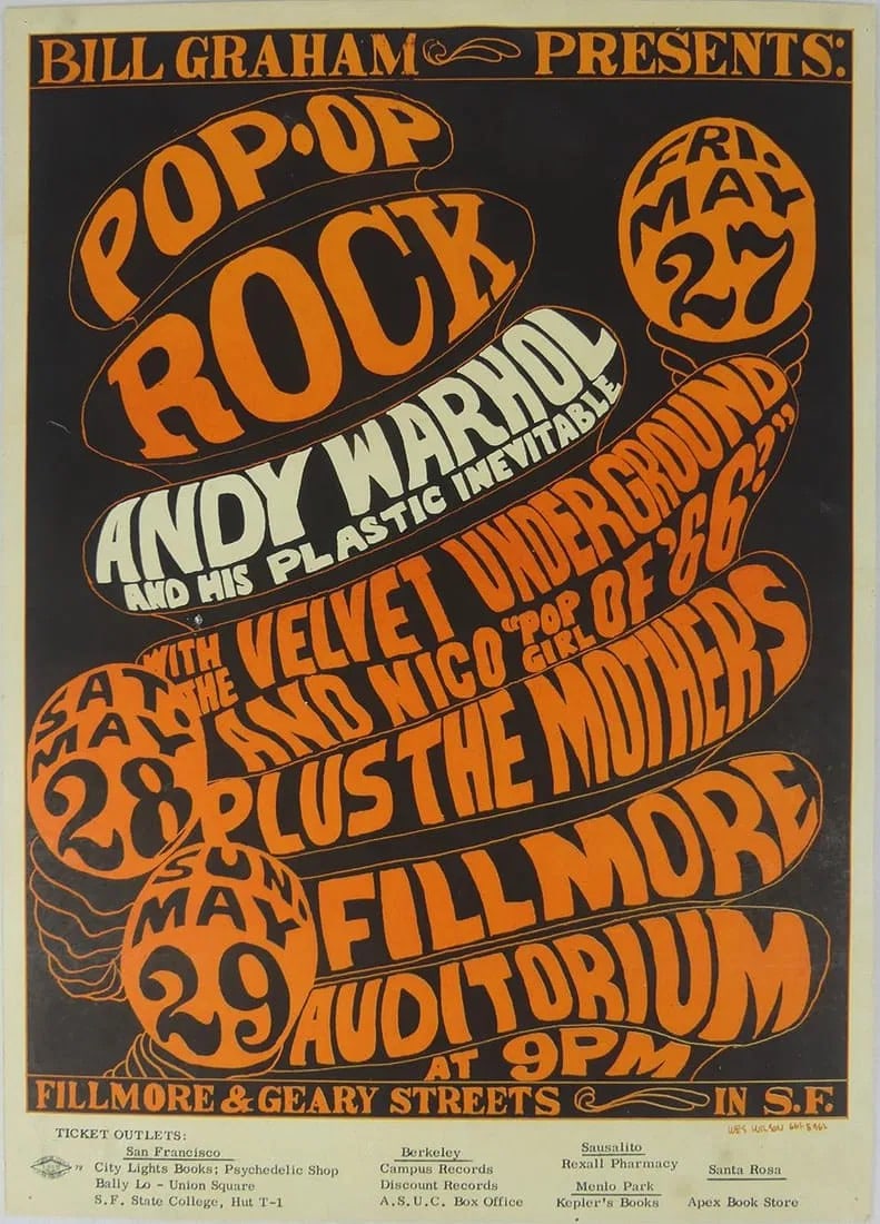 ANDY WARHOL AND HIS PLASTIC INEVITABLE POSTER: Pop-Op Andy Warhol and the Plastic Inevitable Concert Poster. Mounted. Sheet measures 19 7/8" x 13 3/4". Print date unknown, sold as is