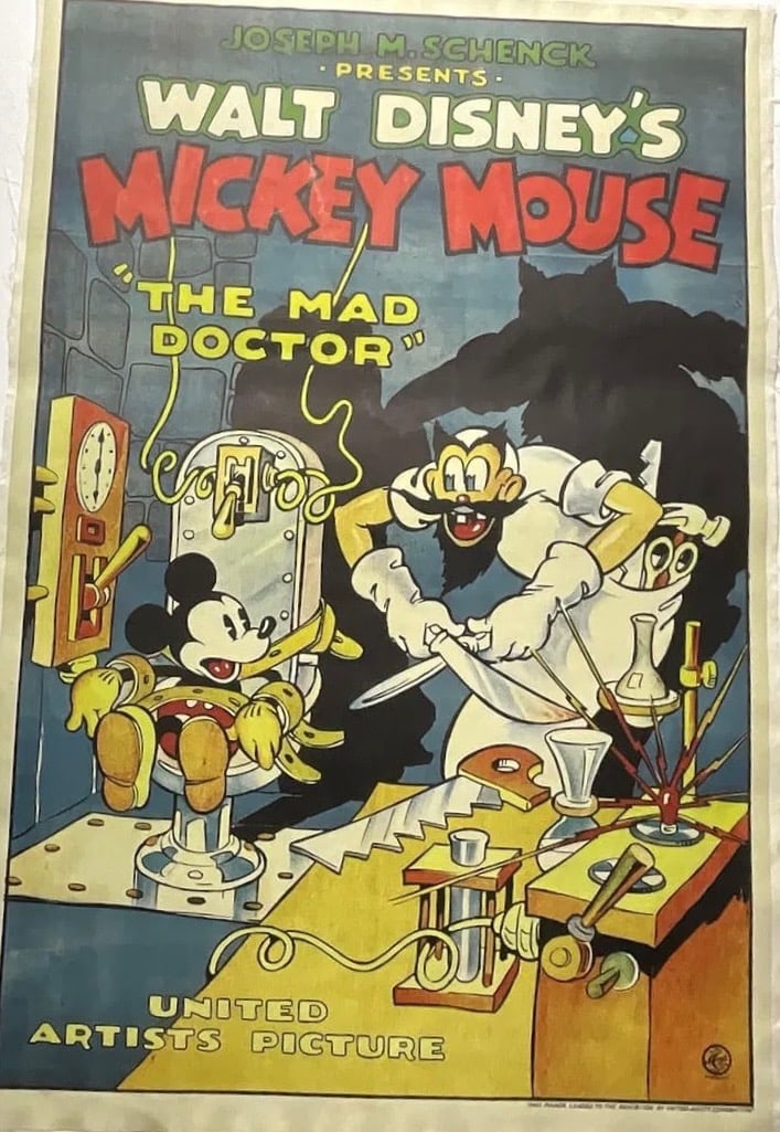 WALT DISNEY MICKEY MOUSE THE MAD DOCTOR POSTER: Walt Disney Mickey Mouse The Mad Doctor. Measures approx 40 3/4 x 26 3/4 inches. Mounted to Linen. Unknown printing date, sold as is