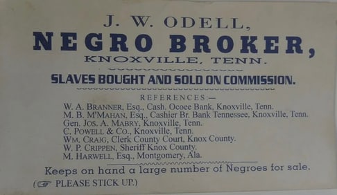 NEGRO BROKER SLAVERY & ABOLITION BUSINESS CARD J.W. ODELL