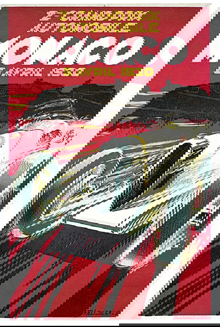 1930 Monaco Grand Prix Poster: Monaco Grand Prix 1930 poster by Geo Ham (George Hammel) printed on high quality paper, linen backed, Measures 47x31 inches