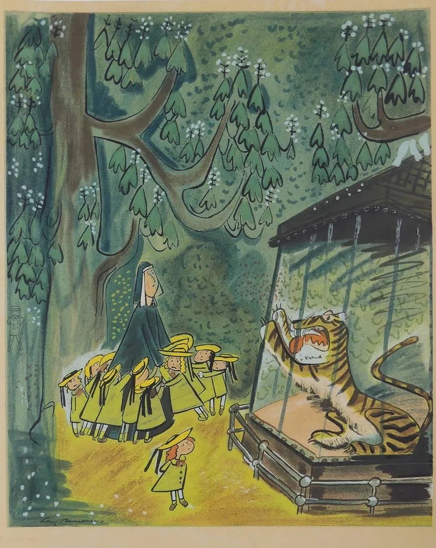 LUDWIG BEMELMANS 'TIGER AT THE ZOO PRINT: Ludwig Bemelmans 'Tiger at the Zoo' color print. Signed in the plate lower left. Measures 27" x 21 1/4"