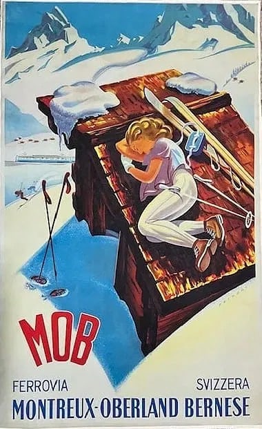 MARTIN PEIKERT MOB Swiss Ski Poster: MARTIN PEIKERT ,MOB Swiss Ski Poster ,Linen Backed , Creasing , Foxing, Stains, Measures 39.5 X 24.5 inches, unknown print date, sold as is