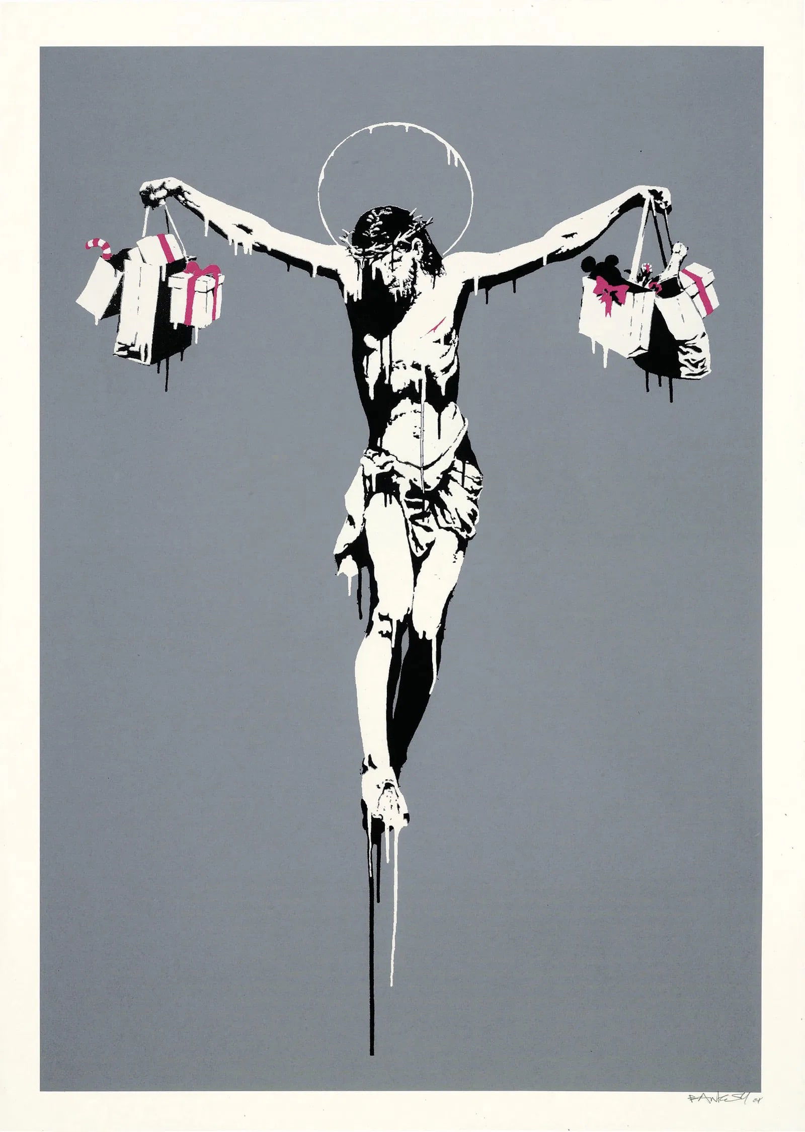 BANKSY (B. 1975) Christ with Shopping Bags: BANKSY (B. 1975), Christ with Shopping Bags, Print in colors, on wove paper, 2004, signed and dated in the plate with full margins, measures approx 27 ¼ x 19 ½ inches