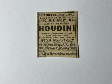 Original Houdini Advertisement 1926 Newspaper