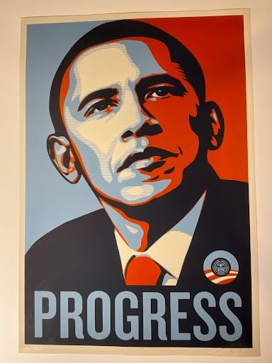 Shepard Fairey (American, born 1970) Progress Shepard Fairey (American, born 1970) Progress, 2008: Print in colors on wove paper, signed in pencil, dated and numbered 11/350, published by Obey Giant, Los Angeles, with full margins, in excellent condition. Sheet approx 36 x 24in