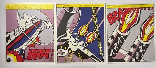 Roy Lichtenstein As I Opened Fire triptych, lithograph pencil signed: Roy Lichtenstein(American, 1923-1997) As I Opened Fire triptych offset lithograph in colors third panel signed to lower margin; printed by Stedelijk Museum, Amsterdam. 20 3/4 x 25in (53 x 64 cm)