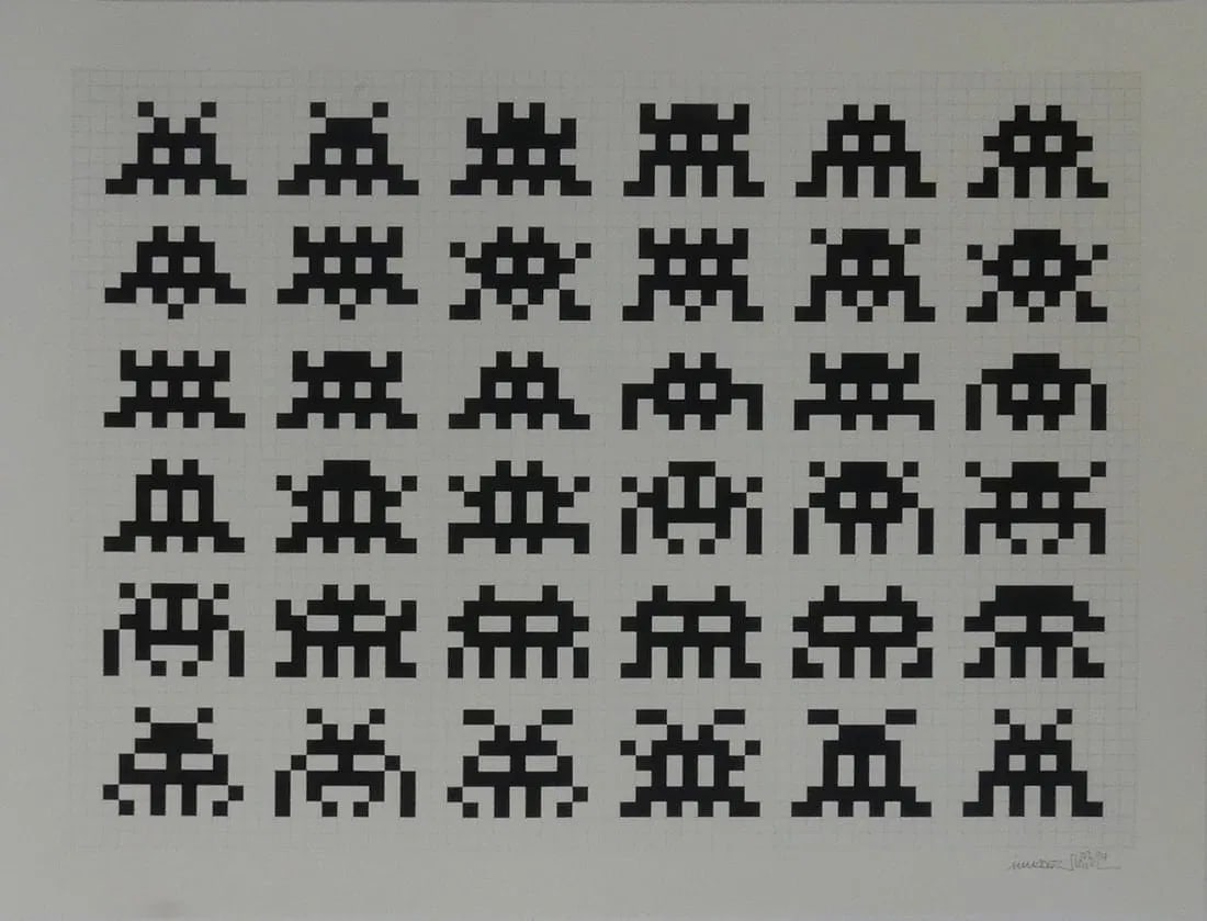INVADER 'REPETITION, VARIATION, EVOLUTION': Invader (French, b. 1969) 'Repetition Variation Evolution' print on wove paper. Pencil signed and dated lower right. Sheet measures 33 5/8" x 25 3/4". Unframed