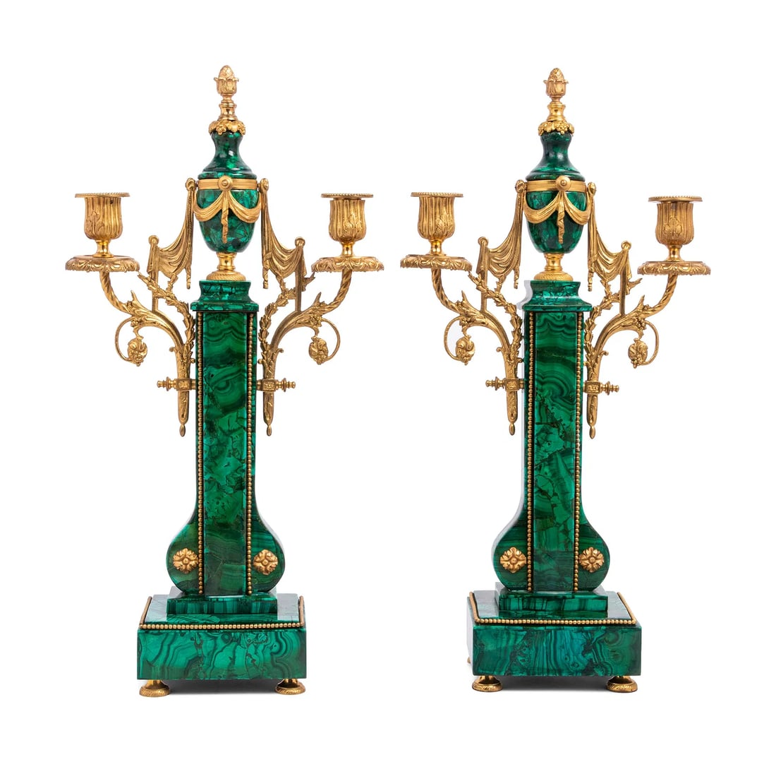 Pair of Empire Style Gilt Veneered Two-Light Candelabra: A Pair of Empire Style Gilt Metal and Malachite Veneered Two-Light CandelabraLast Quarter 19th CenturyHeight 20 x width 10 inches