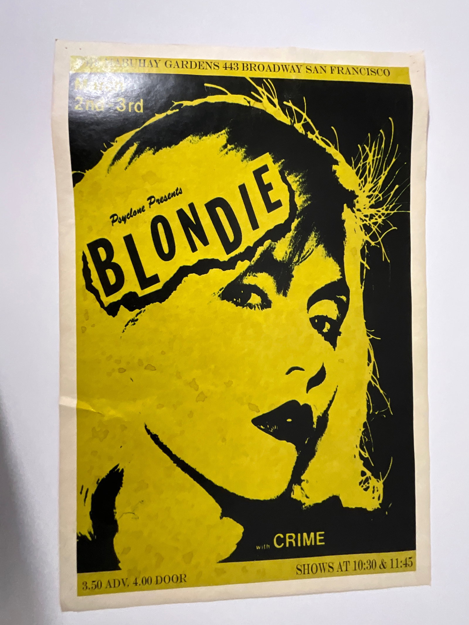 Blonde Concert Poster: Measures 18 x 11 7/8 inches, poor condition, pin holes, stained , unknown edition or print date sold,sold as is
