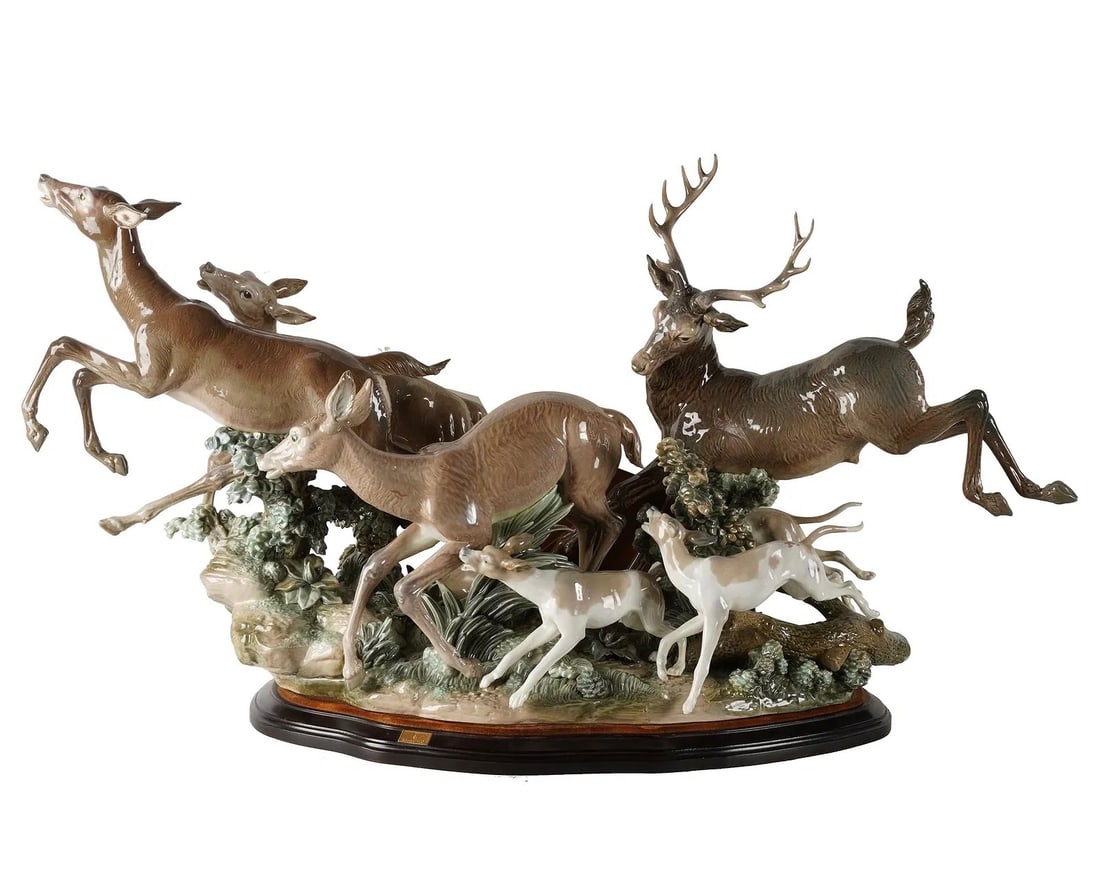 LLADRO: PORCELAIN DEER: printed factory mark, signed and numbered 195 / 750; 43 inches wide; 14 inches deep; 24 inches high