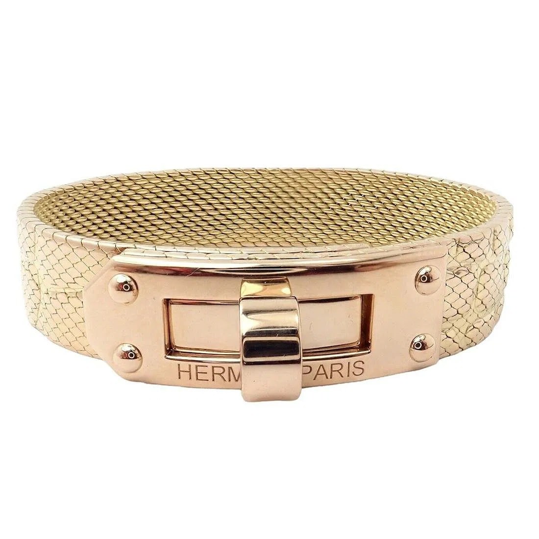 Hermes 18k Rose Gold Kelly Medium Model Bracelet: Hermes 18k Rose Gold Kelly Large Model BraceletAuthentic! 18k Rose GoldMeasurements:Length: 7” Weight:75 gramsWidth:13mm, 100% authentic