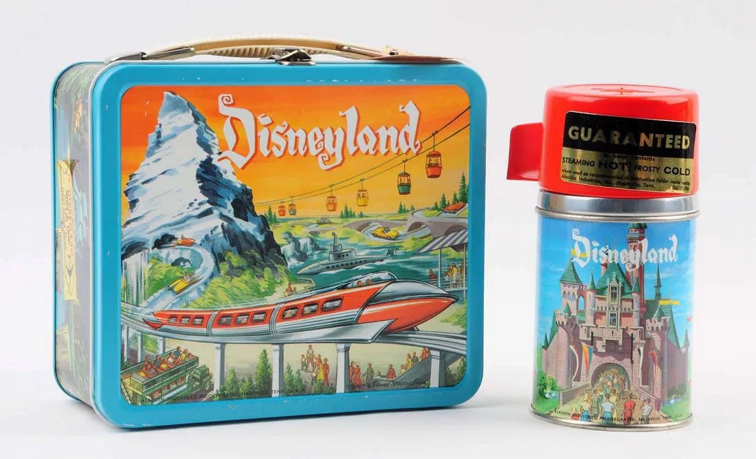 1960 Disneyland Monorail Lunchbox and Thermos: minor scrapes on front, overall good condition