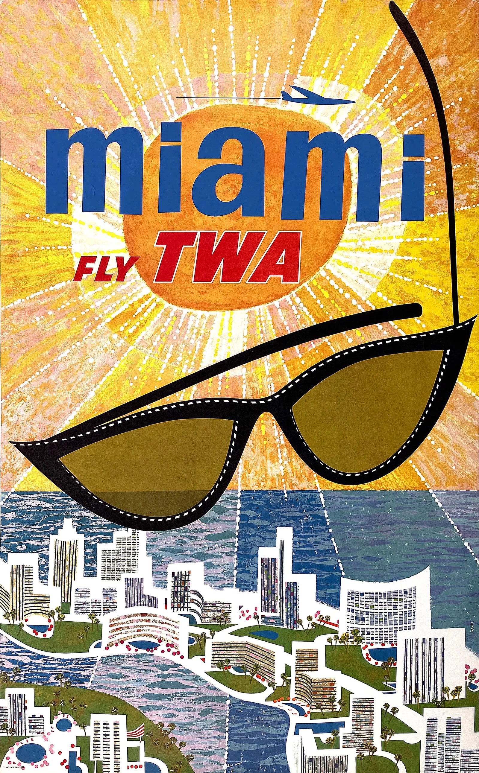 Fly TWA Miami Florida by David Klein: Measures 40 x 25 inches, linen backed, after original 1960’s poster