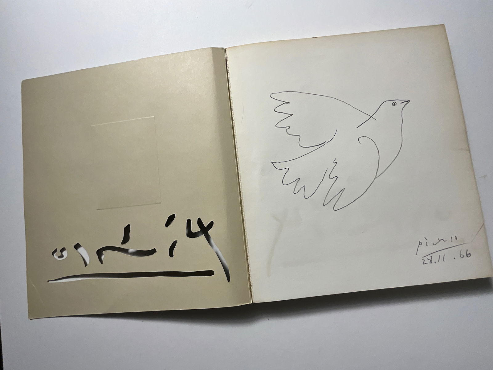 Picasso Bird Drawing signed and dated: Published 1966 , graphite drawing of bird signed and dated