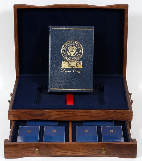 RONALD REAGAN AUTOGRAPH SIGNED & NUMBERED BOOK: RONALD REAGAN (1911-2004), AUTOGRAPH SIGNED & NUMBERED BOOK, 'SPEAKING MY MIND', ENCASED:A blue leather bound book with gilt decoration on front board and titled "Speaking by Mind" by Ronald Reagan, p