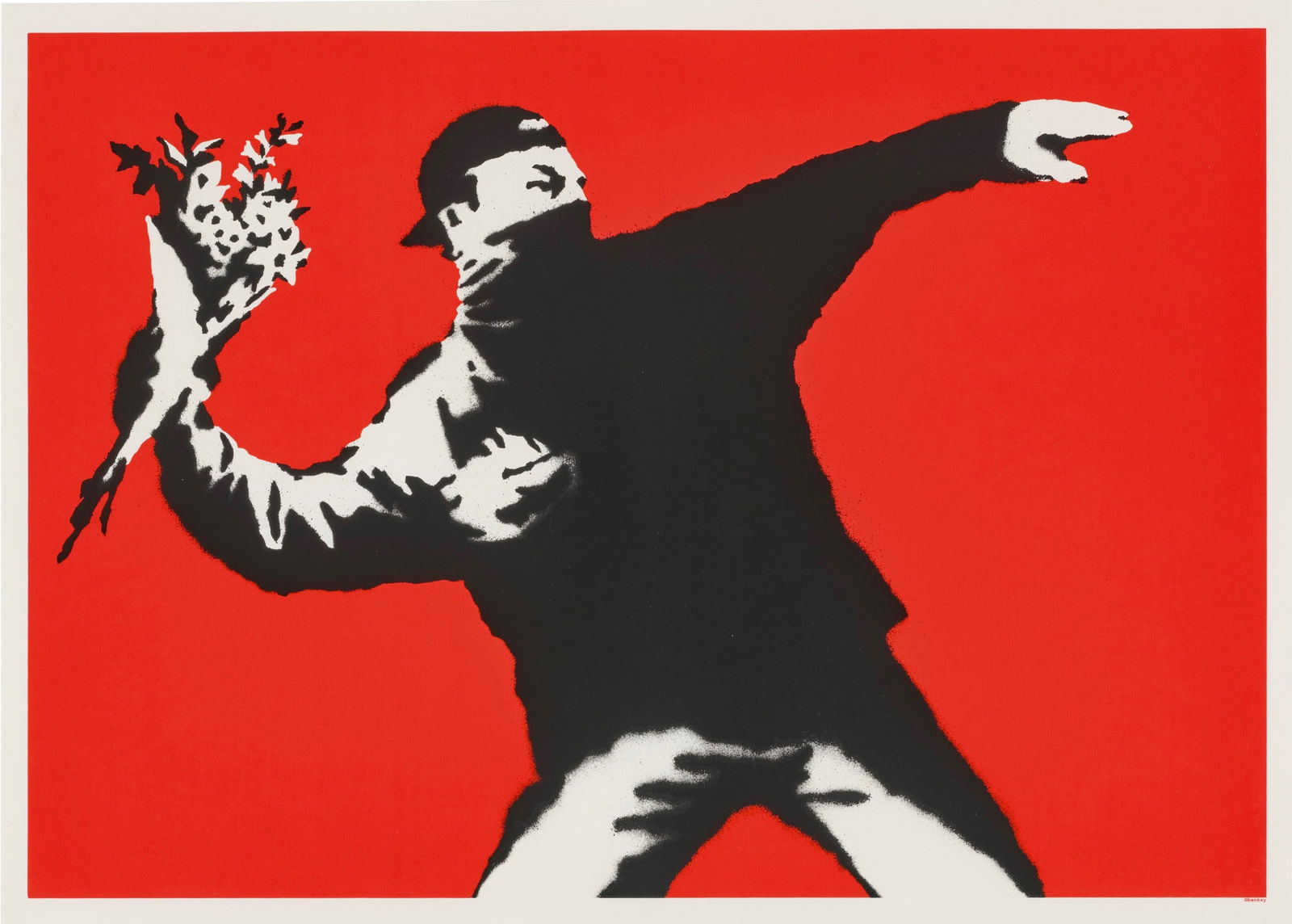 BANKSY (B. 1974) Love is in the Air: BANKSY (B. 1974) Love is in the Air Print in colors, on wove paper Sheet: 19 x 27 inches