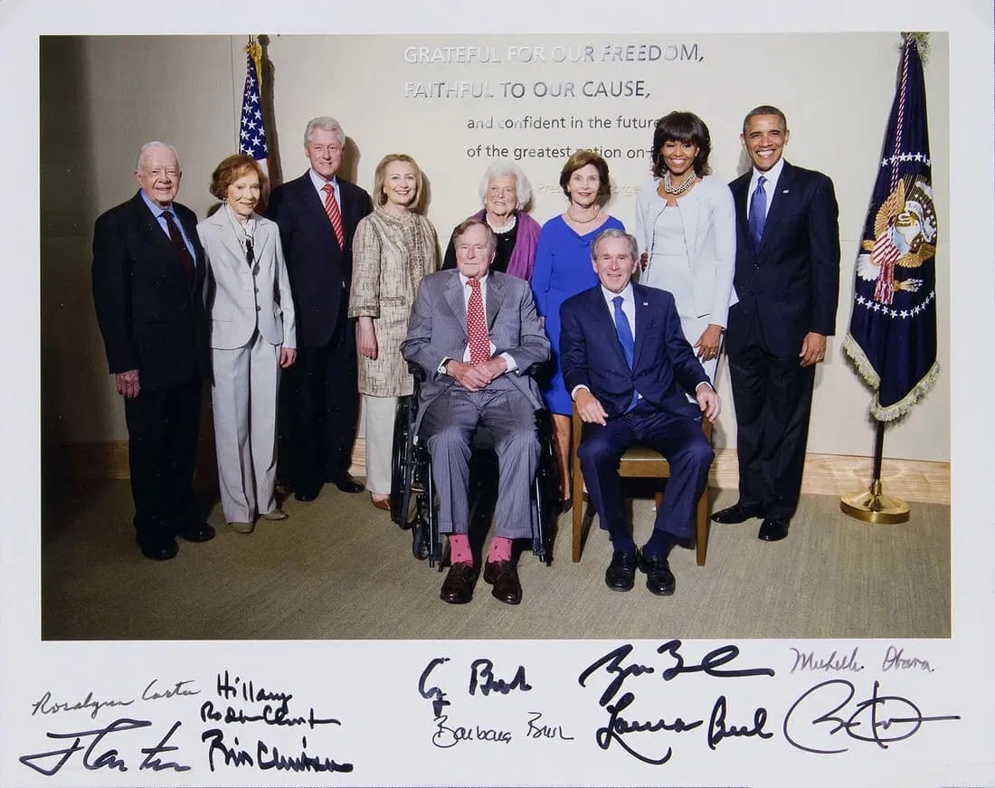 FIVE PRESIDENTS AND FIRST LADIES PHOTOGRAPH: Measures 8 x 10 inches plate signed photograph, mounted to archival board