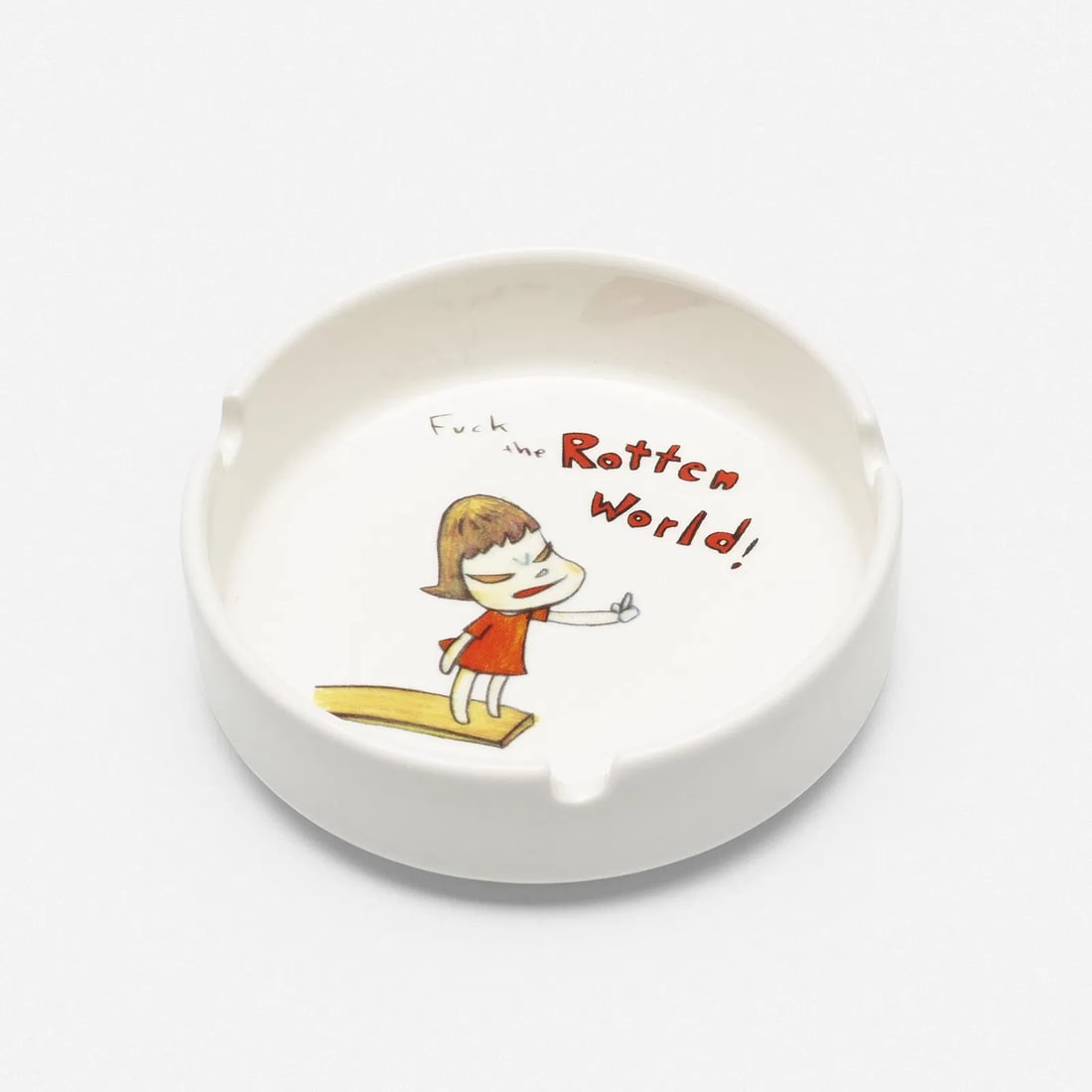 Yoshitomo Nara, Fuck the Rotten World ashtray: Fuck the Rotten World ashtray, measures 4 x 4 x 1/4 inches