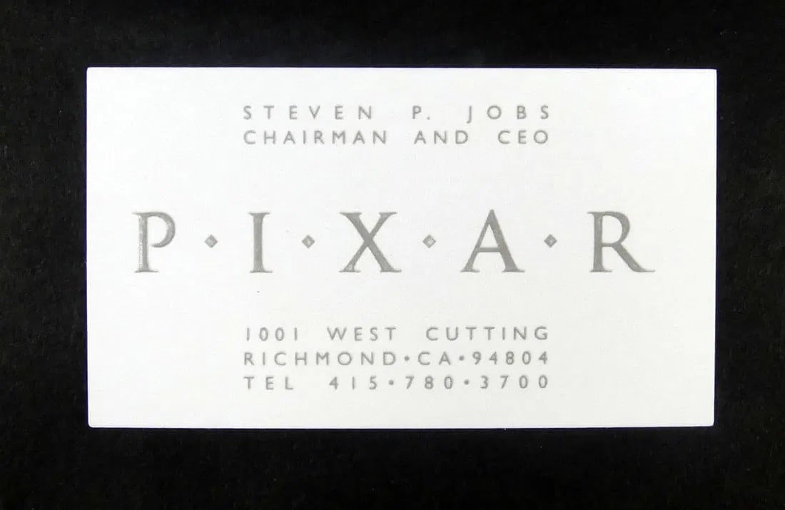 STEVE JOBS PIXAR BUSINESS CARD: Steven P. Jobs business card, Chairman and CEO of Pixar in Richmond, CA. Having raised text. Measures 3 1/2" x