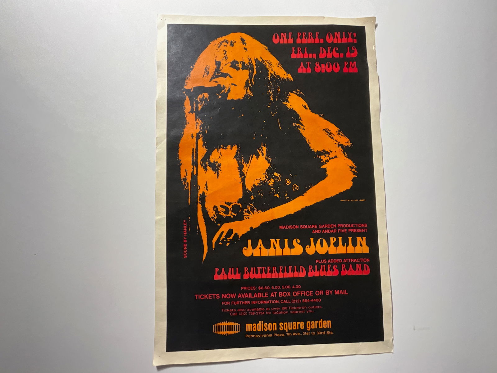 Janis Joplin Madison Square Garden lobby poster: Measures 17 3/4 x 11 7/8 inches, unknown print date, sold as is