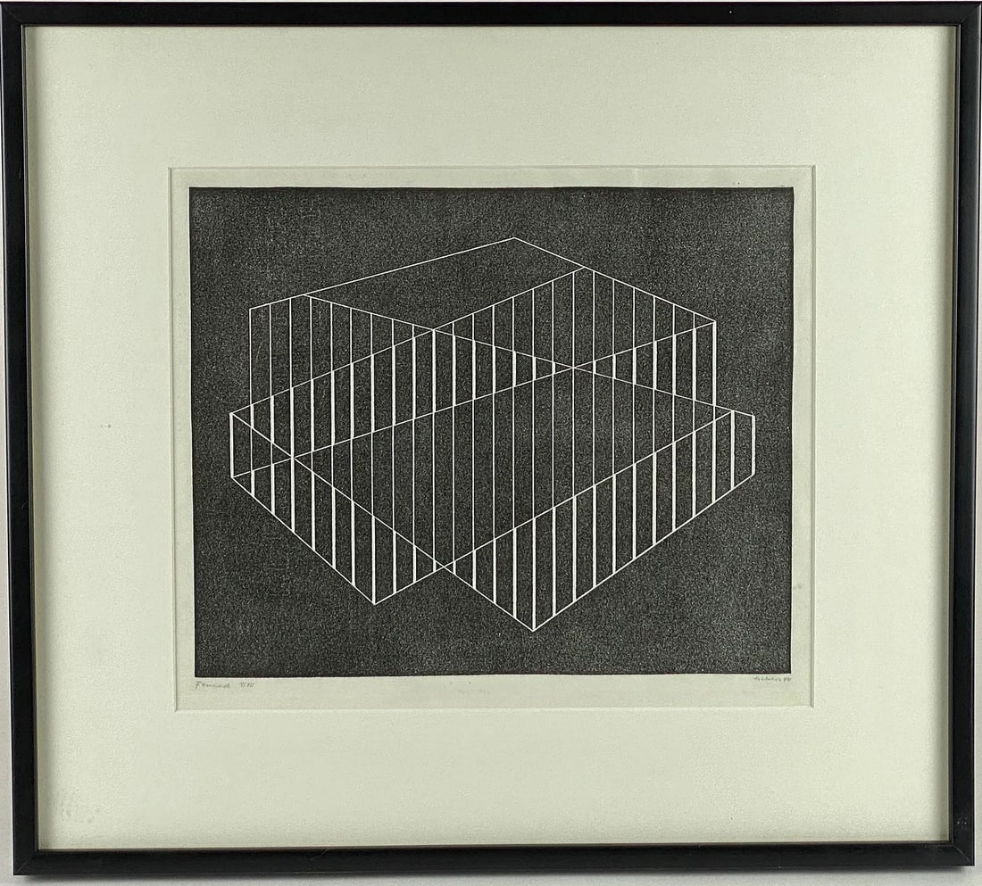 "Fenced" by Josef Albers: Josef Albers (German, 1888-1976). Titled "Fenced", a linocut on paper, signed, dated 44, numbered 4/30 9.75" x 12.25" (plate size), 17.5" x 19.5" (framed)