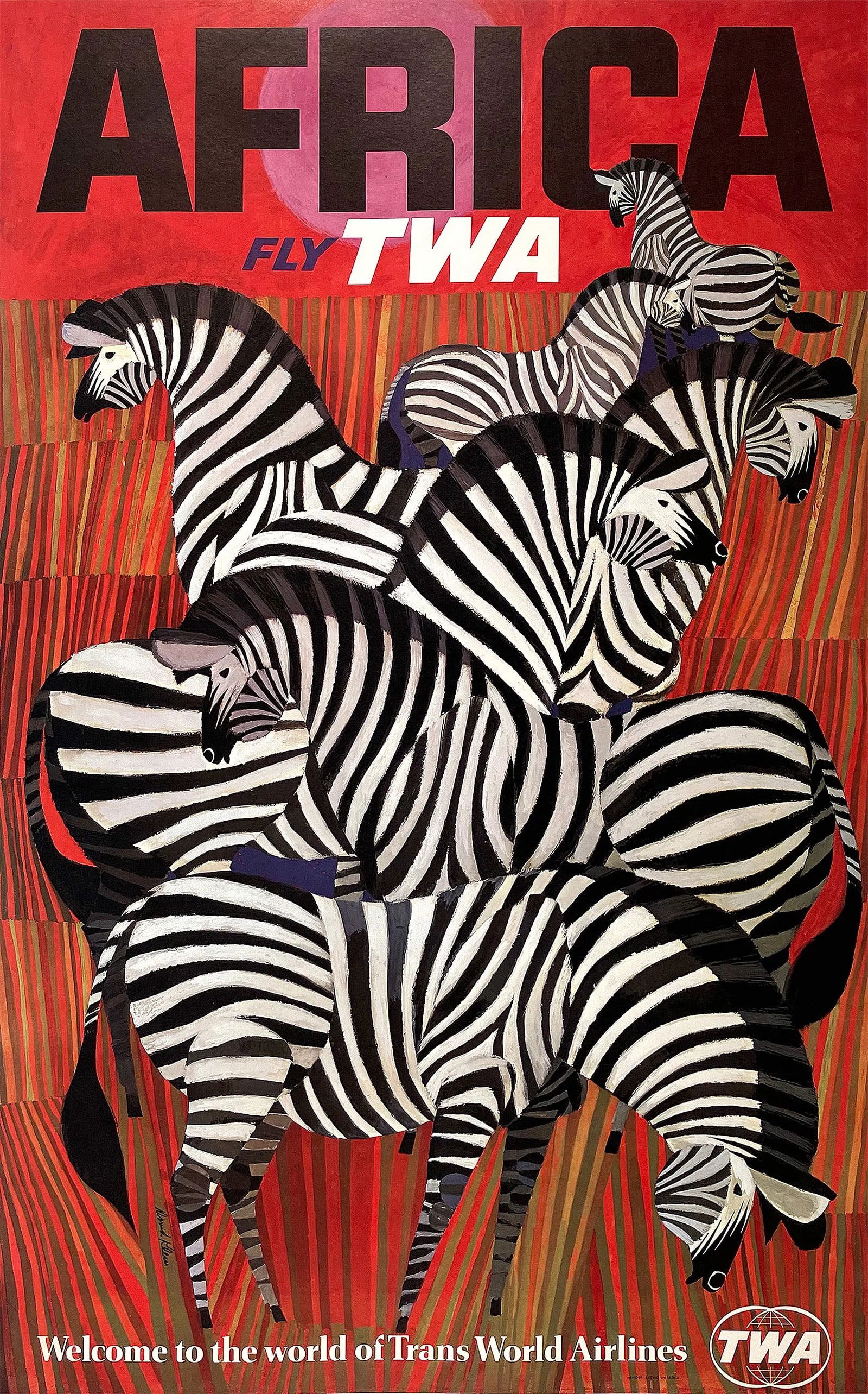 David Klein Fly TWA Africa Zebras Poster: Measures 40 x 25 inches, linen backed, after original 1960’s poster