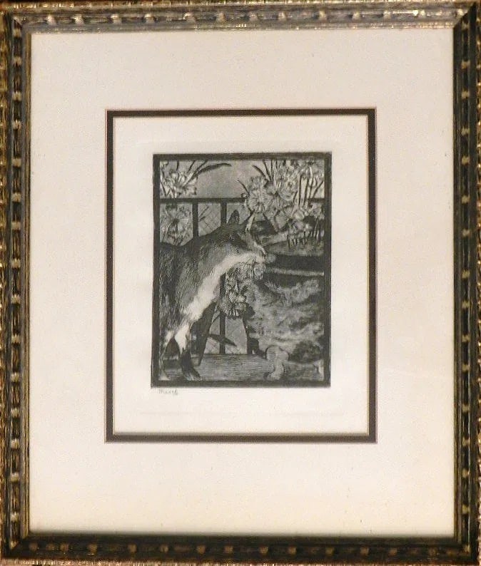 Edouard Manet (1832-1883)"Le Chat Aux Fleurs",After: Etching. Measures: 16" x 13" 3/4 inches, framed. Sight measures:9" x 7" 3/4 inches. Signed By Manet In The Plate (Lower Left)