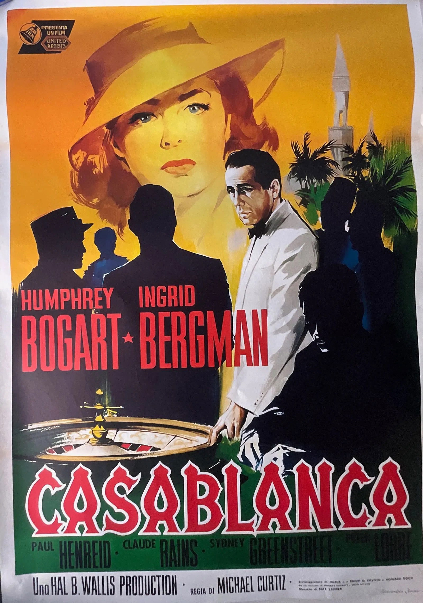 CASABLANCA MOVIE POSTER LINEN BACKED Humphrey Bogart: Measures approx 55 x 39 inches , colors are bright, linen backed, uncertain print date, sold as is, linen backed, creases throughout, sold as is Measures approx 55 x 39 inches , colors are bright,
