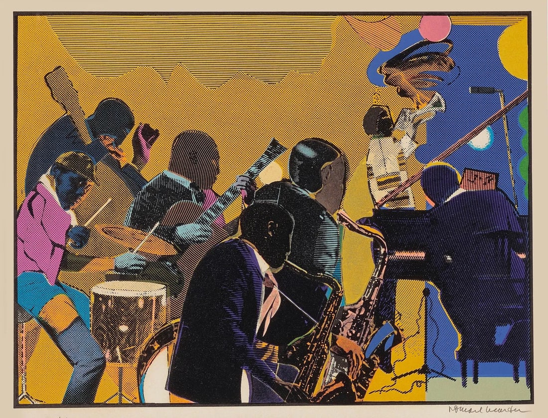 ROMARE BEARDEN Out Chorus Print in Colors: ROMARE BEARDEN (1911-1988) Out Chorus, Print in colors, on Arches paper, plate signed, Measures approx 22 x 30 inches