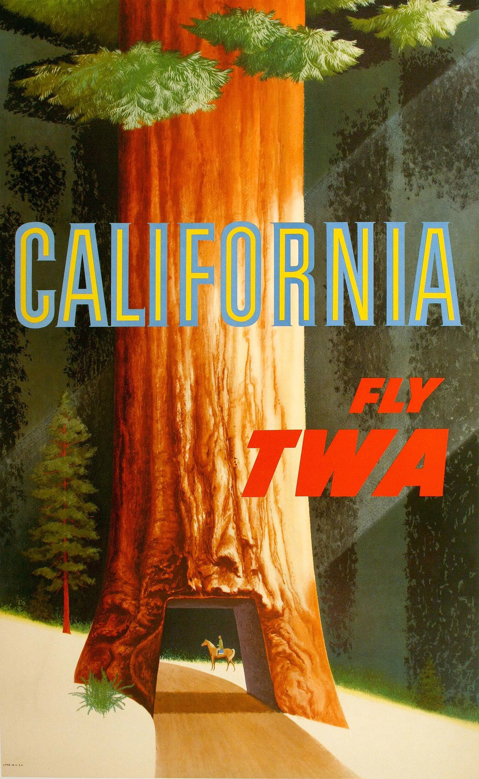 TWA Original Poster by David Klein - California Redwood c1960: KLEIN, David (1918-2005). 1960 california , printed later after the original, measures 40 x 25”. Linen backed
