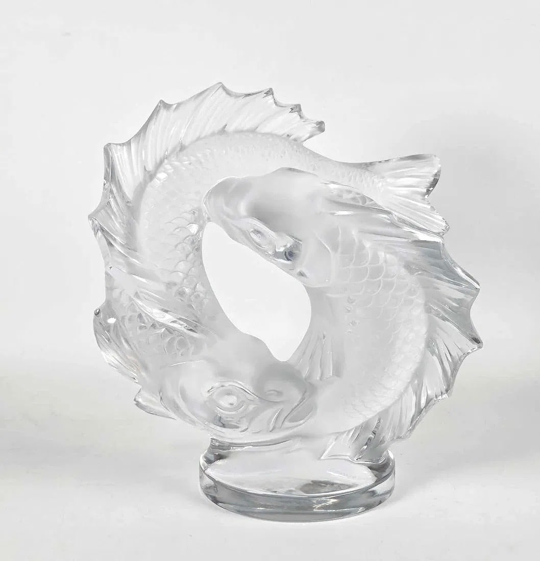 LARGE LALIQUE FRANCE "DEUX POISSONS" DOUBLE FISH CRYSTAL SCULPTURE: Dimensions: 11.5"h x 10.5"w x 5.25"d, marked Lalique