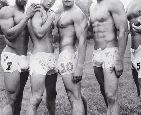 BRUCE WEBER (American, b. 1946) Albert's Underwear: BRUCE WEBER (American, b. 1946) Albert's Underwear Designs for Football, Bridgehampton, Long Island, New York, 2005Photolitho measures approx 14 x 17 inches, mounted to archival board