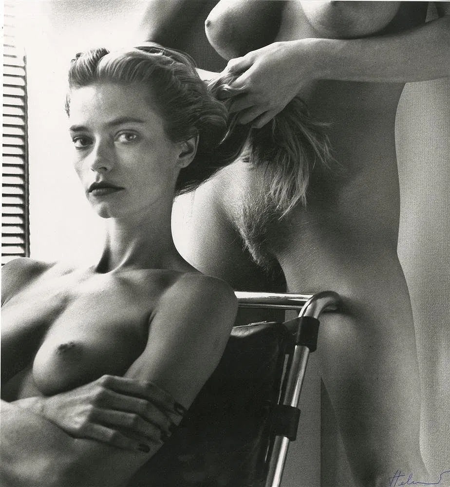 HELMUT NEWTON - Photolithograph: Helmut Newton (German/Australian, 1920-2004). "Two Playmates, Hollywood". Photolithograph. 1986. Printed later, Measures approximately Image size: 12 x 11 inches, mounted to archival board