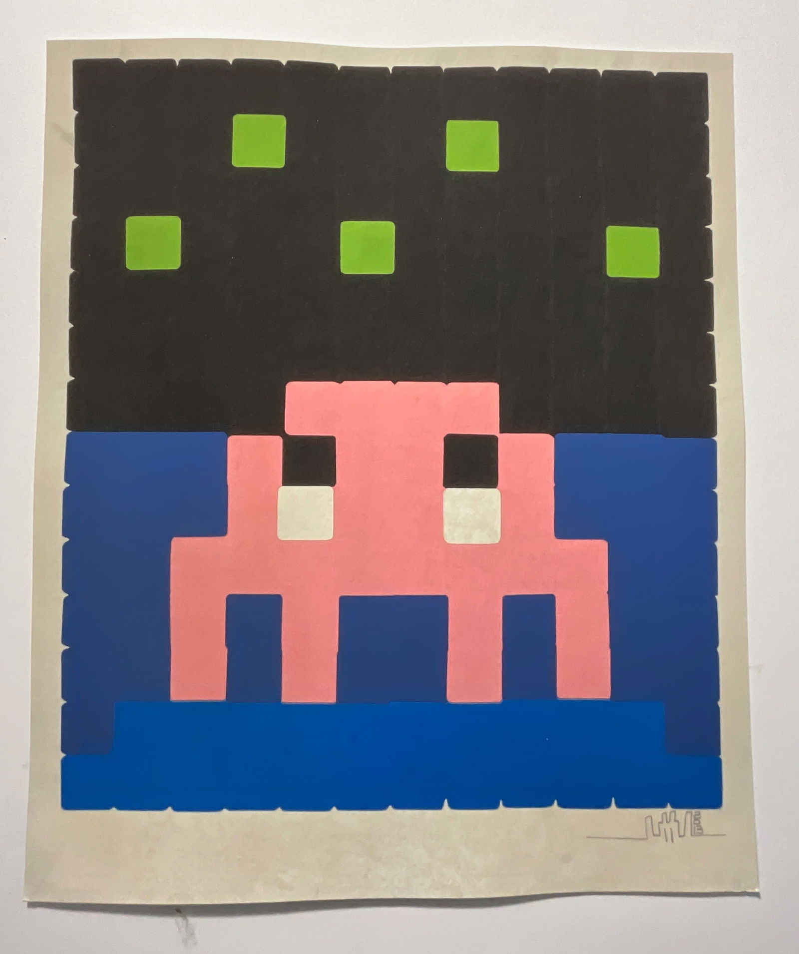 Invader Space one Pink print: Measures 17.5 x 14.5 inches, print in colors, plate signed lower right, foxing, staining