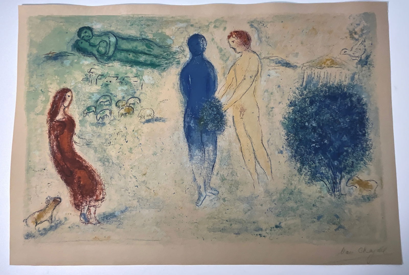 Marc ChagallLe Jugement de Chloé (Chloé’s Judgment), from Daphnis et Chloé: Print in colors on heavy paper, measures 30 3/4 x 21 inches, plate signed lower right, foxing , staining throughout