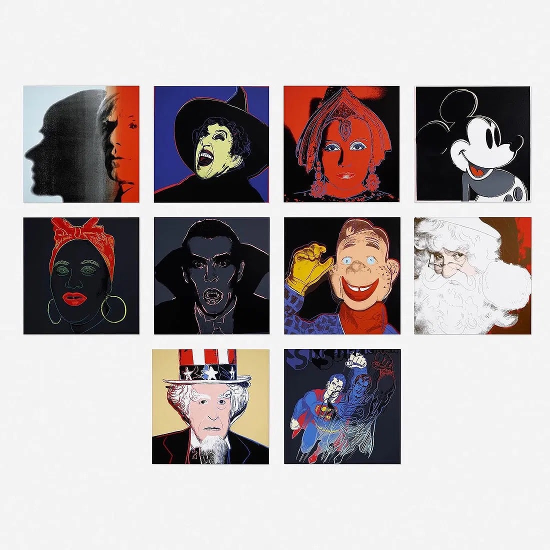 Andy Warhol, ten works screenprints, myths: Andy WarholSuperman, The Witch, Santa Claus, Mickey Mouse, Mammy, Howdy Doody, Dracula, The Shadow, The Star and Uncle Sam (ten works) 1981. screenprint in colors 38 h× 38 w in (97 × 97 cm).These