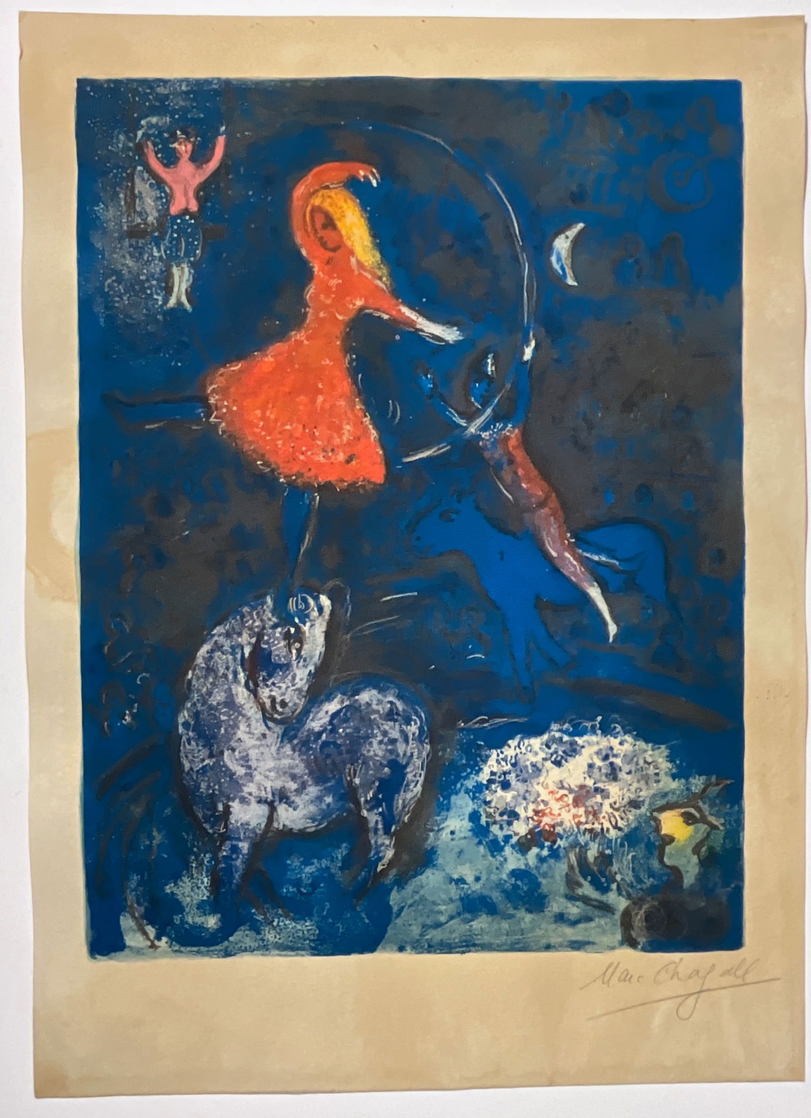 MARC CHAGALL (1887-1985) Le Cirque: one plate: Print in colors on heavy paper, 1967, printed later, the full sheet, plate signed lower right, foxing, discoloration throughout, as is