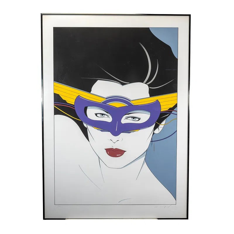 Patrick Nagel, Woman in Purple Mask, Serigraph: PATRICK NAGEL (American, 1945-1984), Woman in Purple Mask, serigraph, (approximate dimensions - sheet (sight): 40 1/2 x 29 inches); numbered 1/50 lower left, and signed lower right