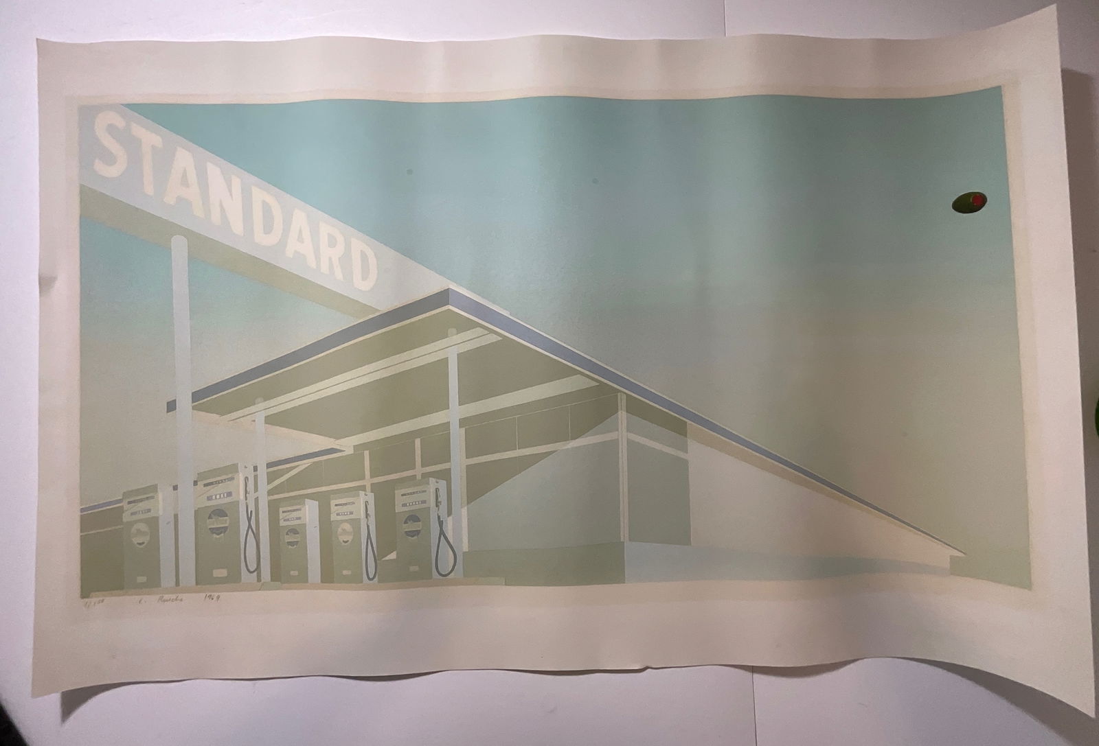 Ed Ruscha green olive standard station: Measures approx 39 x 25 inches , plate signed lower left