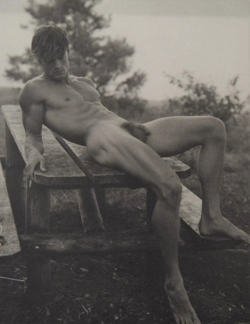 Bruce Weber - Paul at Petes Rock Campground, 1988: BRUCE WEBER (b. 1946), Paul at Petes Rock Campground, Adirondack Park, 1988 Sheet-fed gravure c. 1990, Printed in United States of America, 9 3/8" x 7 1/4", mounted to archival board