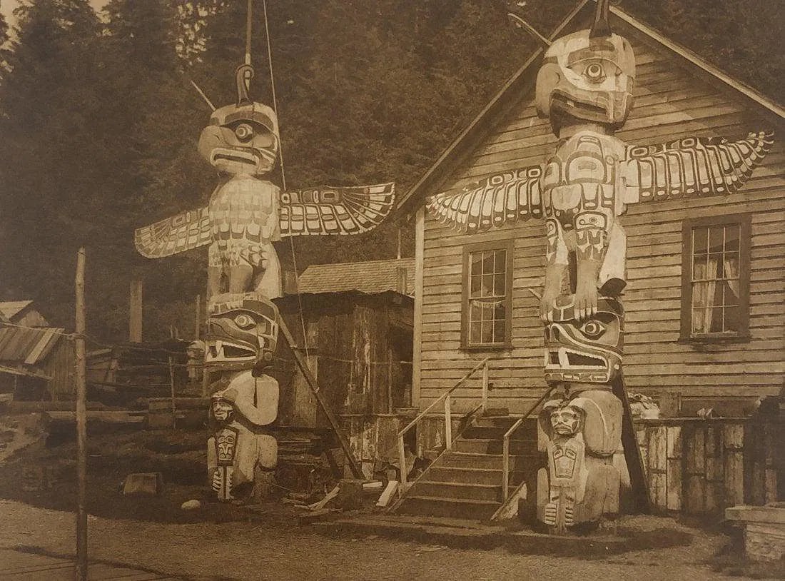 Edward Curtis - Carved posts at Alert Bay, 1914: EDWARD CURTIS (1868-1952), Carved posts at Alert Bay, 1914, Goldtone-litho, 8" x10 3/4", Printed second half of 20th Century, Mounted to archival board