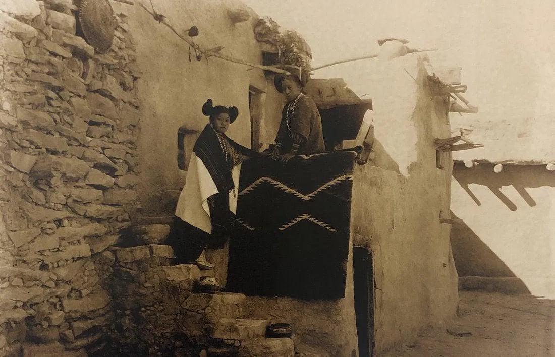 Edward Curtis - Blanket Makers: EDWARD CURTIS (1868-1952), Blanket Makers, Goldtone-litho, 8" x 12", Printed second half of 20th Centur, Mounted to archival board