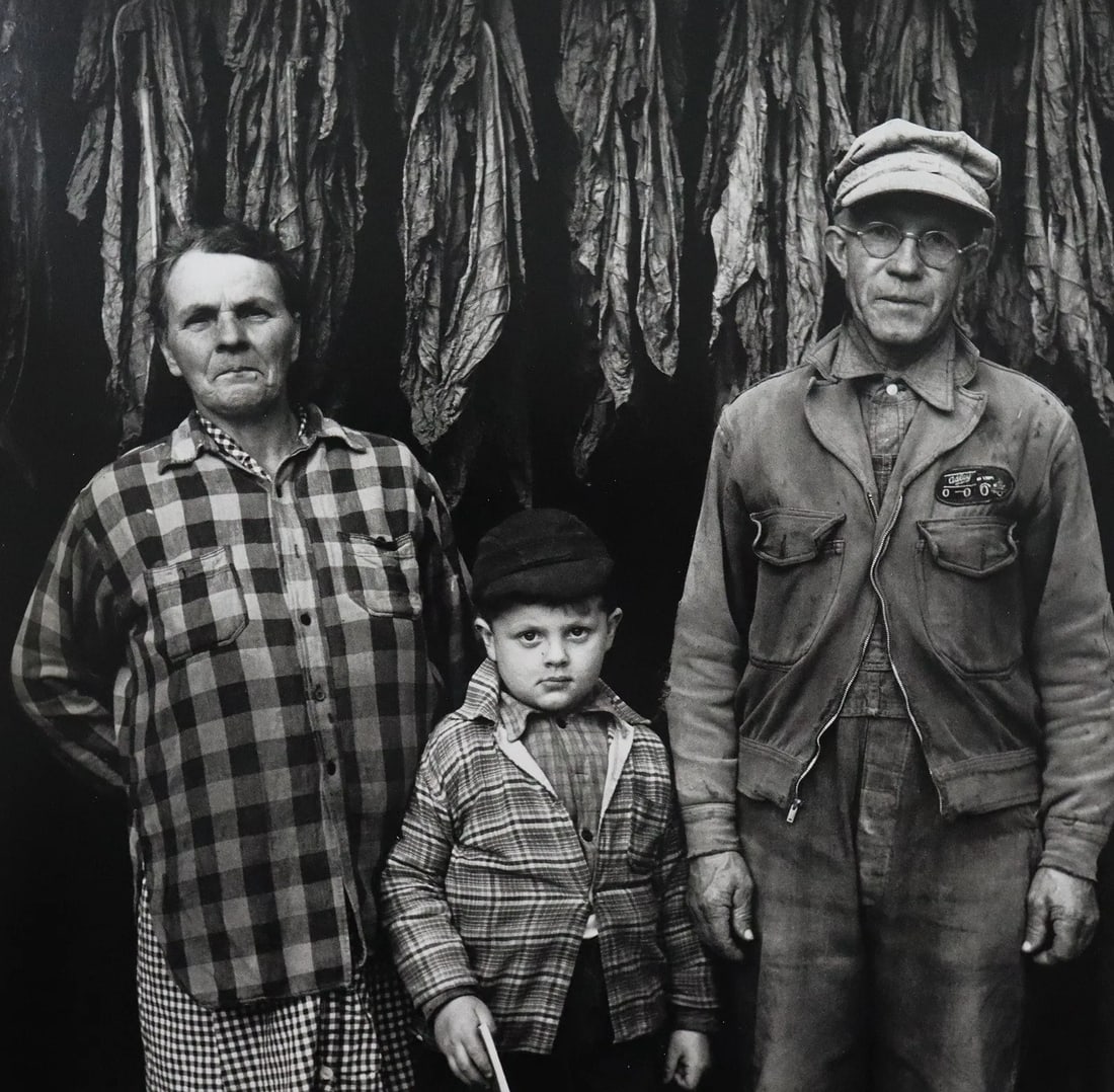 Gordon Parks - Tobacco Farmer, Photo-Litho: GORDON PARKS - (1912-2006), Tobacco Farmer Alec Bartos with His Wife and Grandson, South Deerfield, Massachusetts, Photo-Litho, Printed later 20th Century, 7" x 7" (Image Size), mounted to archival
