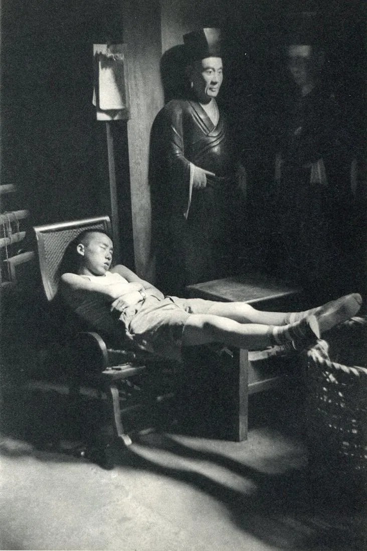 Cartier-Bresson - Sleeping Watchman, Shanghai: Vintage Sheet-fed Gravure printed in 1955. Captured during the fall of the Kuomintang. Image size: approx. 9" x 13.5"., Mounted to archival board